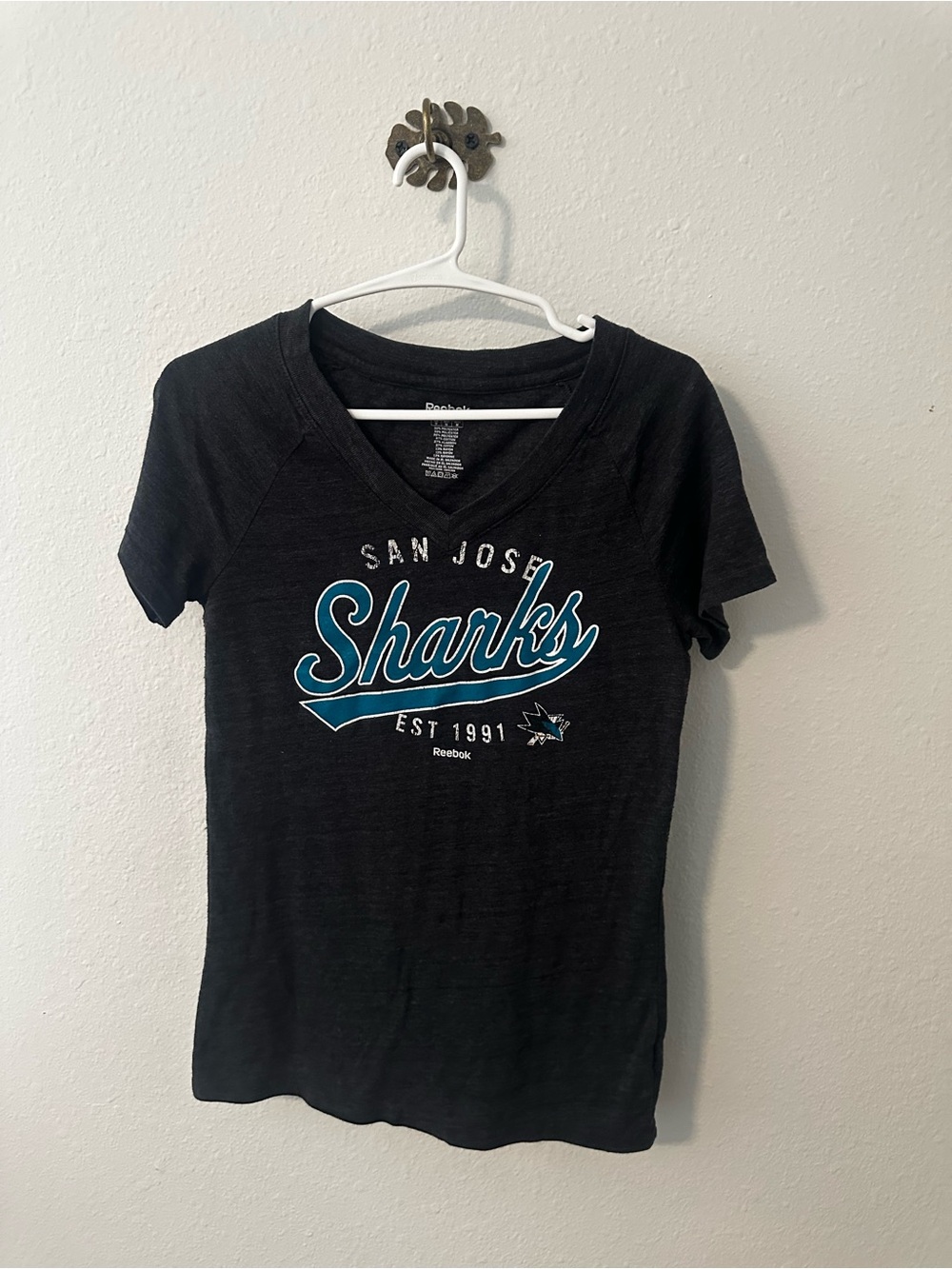 Reebok Black V-Neck San Jose Sharks Script Tee with Teal Accents